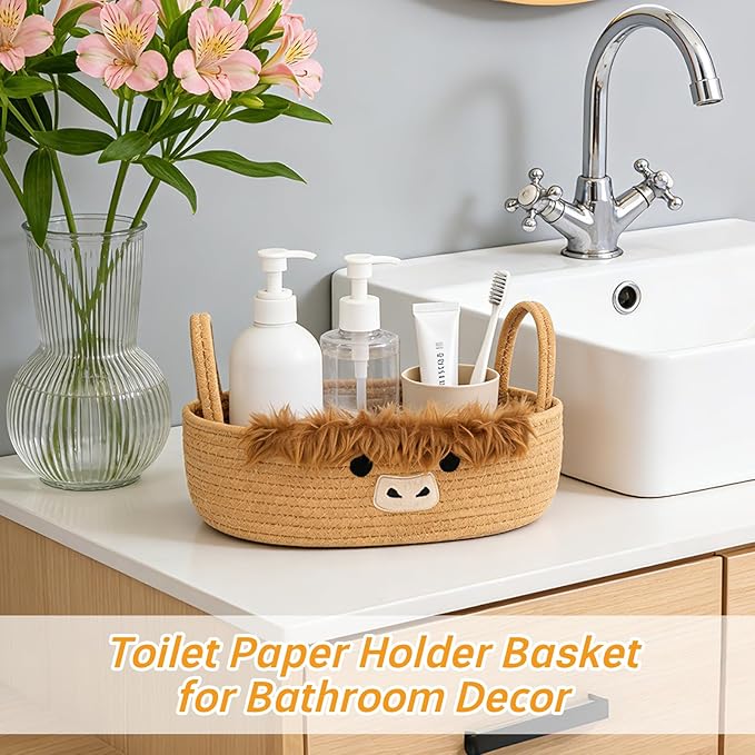 Toilet Highland Cute Cow Paper Basket–Oval Woven Bathroom Organizer Toilet Tank Storage Basket, Decorative Shelves Rope Cotton Bin with Handles, Wedding Empty Towel Paper Holder,13"D x 7.48"H