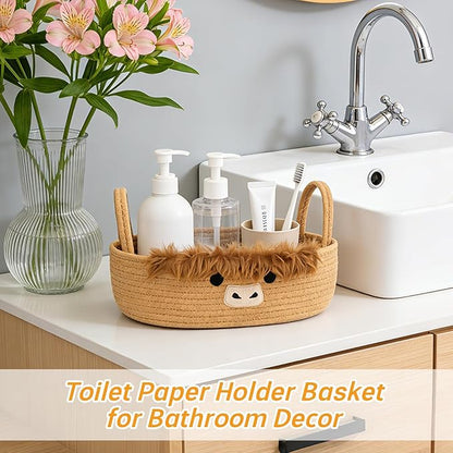 Toilet Highland Cute Cow Paper Basket–Oval Woven Bathroom Organizer Toilet Tank Storage Basket, Decorative Shelves Rope Cotton Bin with Handles, Wedding Empty Towel Paper Holder,13"D x 7.48"H