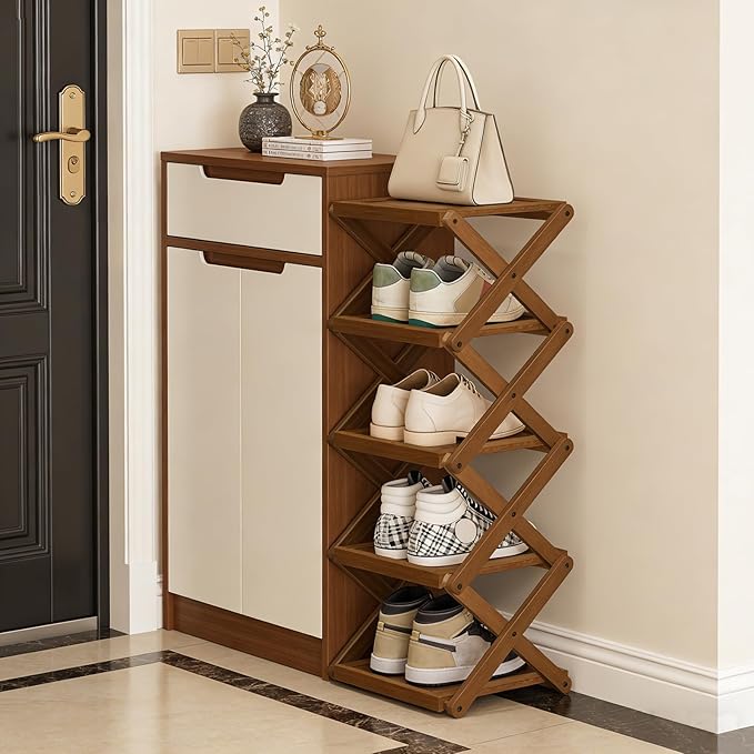 YYW Shoe Rack, Foldable Bamboo Shoes Shelf, Freestanding Shoe Storage Organiser for Entryway, Bedroom, Closet, Hallway - Functional, Natural Shoe Rack (Brown, 5 Layers)