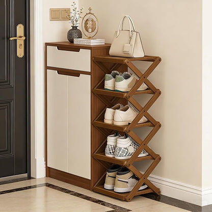 YYW Shoe Rack, Foldable Bamboo Shoes Shelf, Freestanding Shoe Storage Organiser for Entryway, Bedroom, Closet, Hallway - Functional, Natural Shoe Rack (Brown, 5 Layers)