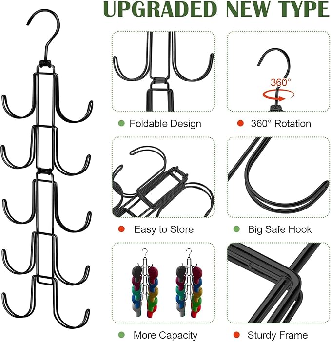 Hat Organizer for Closet, Collapsible Metal Caps Rack with 10 Large Hooks, Holds Up to 40 Baseball Caps, Rotatable Space Saving Hat Hanger for Closet Organizers and Storage, Black