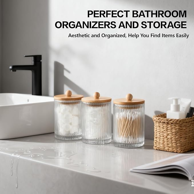 3 Pack Qtip Holder Bathroom Set,Cotton Pad Ball Swab Holder Cotton Round Floss Pick Dispenser with Tray,Glass Apothecary Jars with Lids,Bathroom Organizers and Storage Canisters
