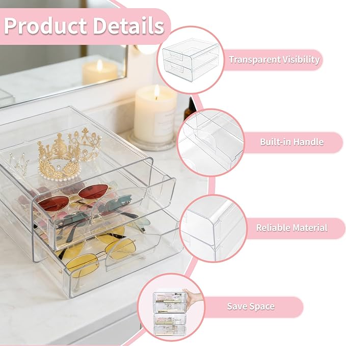 Clear Stackable Storage Drawers,Acrylic Makeup Drawer Organizer with 2 Drawers,Stackable Storage Bins for Skincare,Cosmetics,Beauty Supplies,for Vanity,Bathroom,Kitchen Countertop,Pantry Organization