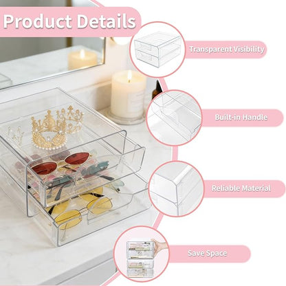 Clear Stackable Storage Drawers,Acrylic Makeup Drawer Organizer with 2 Drawers,Stackable Storage Bins for Skincare,Cosmetics,Beauty Supplies,for Vanity,Bathroom,Kitchen Countertop,Pantry Organization