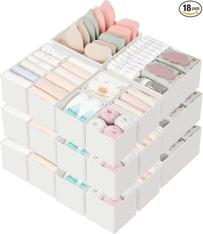 Criusia Drawer Organizers 18-Piece Set, Dresser Organizer for Baby Clothes, Foldable Closet Storage & Drawer Dividers for Underwear, Socks, Nursery, White