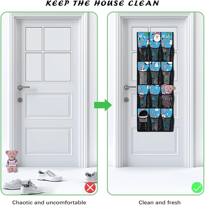 Candy Santa Claus Behind Door Organizer for Dorm Room Essentials Merry Christmas Over The Door Organizer Multi-Funtion Storage Bag Wall Hanging Storage,4 Metal Hook with 12 Pockets
