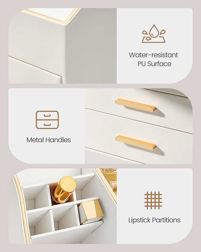 Lolalet Makeup Organizer Countertop with Drawers, Easy to Clean PU Leather Storage Box, 3-Layer Cosmetic Holder for Skincare, Lipstick, Perfume & Brush, Display Case for Vanity Dresser Bathroom -Cream