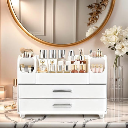 Makeup Organizer with 2 Drawers, Cosmetic Display Case, Storage Holder for Vanity, Bathroom Counter, Desk, Beauty Supplies (All White)