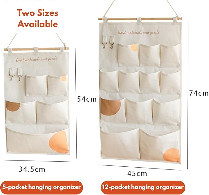 Wall Hanging Organizer with Pockets, Over Door Storage Organizer with Wooden Rod, Multi Pocket Fabric Wall Organizer for Bedroom Bathroom Closet Door, Space Saving Hanging Storage Bag (5)