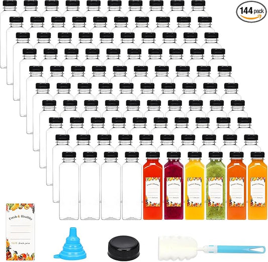 Moretoes 144pcs 16oz Plastic Juice Bottles with Lids, Reusable Clear Bulk Juice Containers with Caps for Juicing, Smoothies, Drinking and Other Beverages