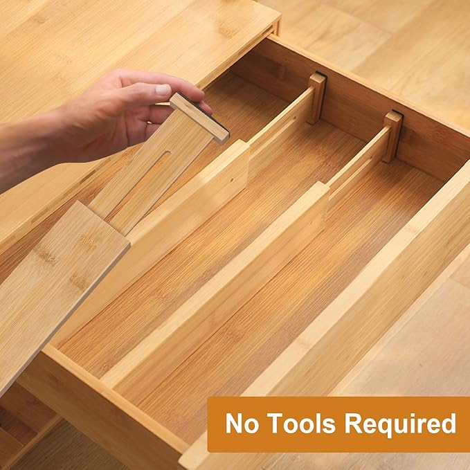 Bamboo Drawer Dividers Organizers, Kitchen Drawer Organizer, Adjustable Drawer Divider for Clothes, Kitchen, Dresser, Bedroom, Bathroom and Office, 4-Pack (Natural, 12-17 IN)