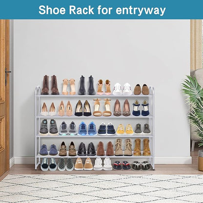 KIMBORA Long Shoe Rack for Closet, 30 Pairs Stackable Shoe Storage Organizer Wide 4 Tier Sneaker Shelf for Bedroom Floor (Grey)