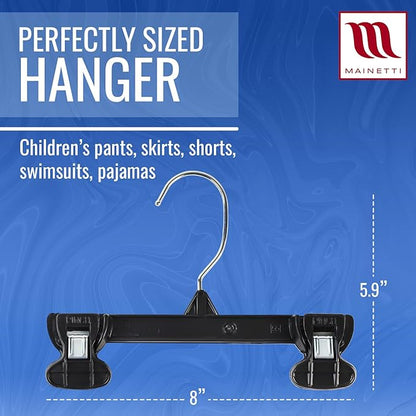 Mainetti 6008 Black Plastic Children's Hangers - 100 Pack with Rotating Metal Hook and Sturdy Plastic, Great for Pants/Skirts/Slacks/Bottoms, 8-Inch, (B07VHJRVYH)