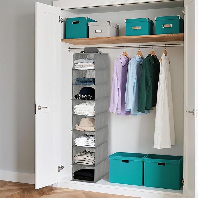 Garvee 3-Tier Hanging Shoe Organizer for Closet, Gray 8-Shelf Storage Holder with 2 Hooks, No Tools Needed Installation, Space-Saving Shelf for Shoes, Purses, Scarves, Accessories (3 Pack)