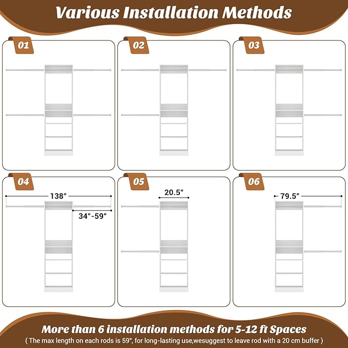 12FT Large Open Closet System, 138'' Wall-Mounted Closet Shelving with 5 Hanging Rods and 6 Shelves, Customizable Wardrobe for Walk-In Closets, Fits 5–12FT Spaces, White