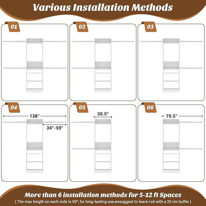 12FT Large Open Closet System, 138'' Wall-Mounted Closet Shelving with 5 Hanging Rods and 6 Shelves, Customizable Wardrobe for Walk-In Closets, Fits 5–12FT Spaces, White
