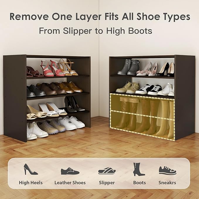 PrimeZone Shoe Rack for Closet - 2-Tier Stackable Shoe Shelf for 6-12 Pairs, Freestanding Wooden Shoe Organizer, Small Storage Shoe Stand for Entryway, Closet, Dorm, Small Space, Espresso, 2 Pack