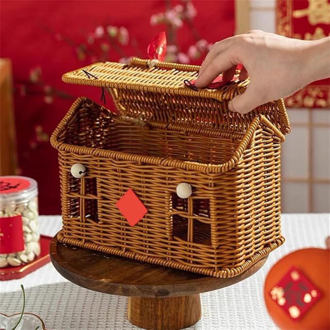 Rattan House Shape Storage Basket with Lid, Small Doll House, Decorative Hand Woven Shelf Organizer with Handle, Natural Harvest Wicker Basket for Picnics, Organizing, Storage (A, 1)