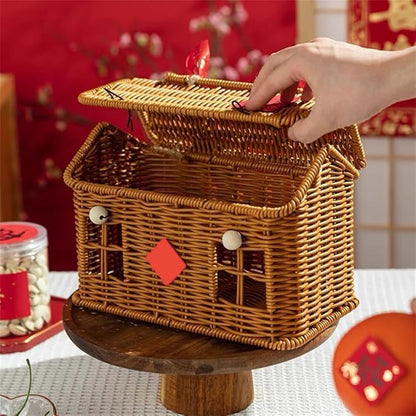 Rattan House Shape Storage Basket with Lid, Small Doll House, Decorative Hand Woven Shelf Organizer with Handle, Natural Harvest Wicker Basket for Picnics, Organizing, Storage (A, 1)