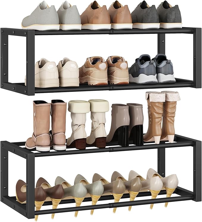 IBUYKE 2 Pack Wall Mounted Shoe Rack, 2-Tier 16"-29" Expandable Hanging Shoe Organizer for 12-16 Pairs, Space Saving Metal Wall Shoe Storage for Entryway Closet, Black TXJ001B-2