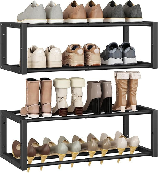 IBUYKE 2 Pack Wall Mounted Shoe Rack, 2-Tier 16"-29" Expandable Hanging Shoe Organizer for 12-16 Pairs, Space Saving Metal Wall Shoe Storage for Entryway Closet, Black TXJ001B-2