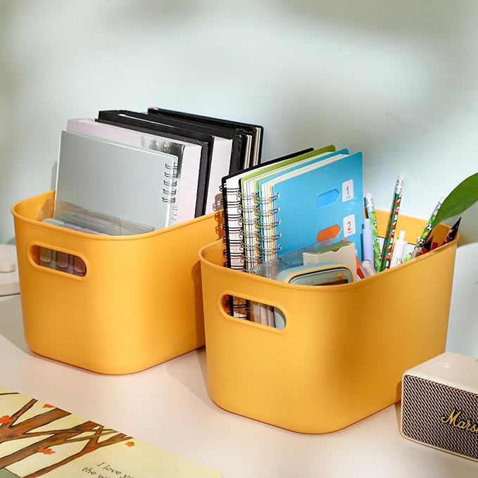 Hoolerry 8 Pieces Colorful Storage Bins with Lid, Plastic Storage Basket Organizing Container Stackable Box with Handle for Shelves Desktop Playroom Office(10.2 x 7 x 6.3 Inch,Yellow)