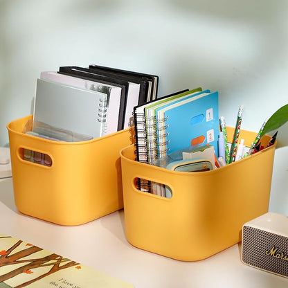 Hoolerry 8 Pieces Colorful Storage Bins with Lid, Plastic Storage Basket Organizing Container Stackable Box with Handle for Shelves Desktop Playroom Office(10.2 x 7 x 6.3 Inch,Yellow)