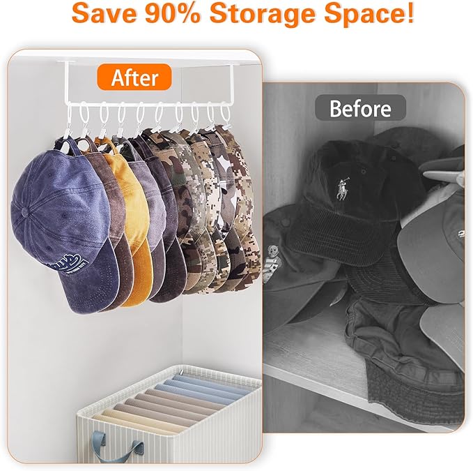 Hat Rack Wall Cap Organizer - Baseball Hat Racks Display Holder with 40 Hooks - Modern Metal Black Hats Storage Wall Mounted Caps Hanger Set of 4 for Closet Door Bedroom Entryway Laundry(White)