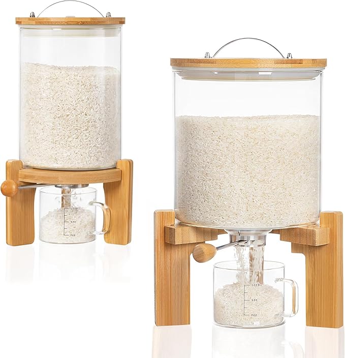 HBlife Glass Rice Dispenser with Wooden Stand Flour and Cereal Container with Glass Measuring Cup Pantry Food Organization Storage Bin with Airtight Bamboo Lid, 3L+5L