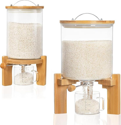 HBlife Glass Rice Dispenser with Wooden Stand Flour and Cereal Container with Glass Measuring Cup Pantry Food Organization Storage Bin with Airtight Bamboo Lid, 3L+5L