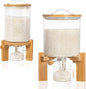 HBlife Glass Rice Dispenser with Wooden Stand Flour and Cereal Container with Glass Measuring Cup Pantry Food Organization Storage Bin with Airtight Bamboo Lid, 3L+5L