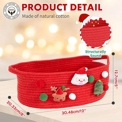 ShellKingdom Storage Basket with Handles, Empty Gift Basket with Gift Bags and Ribbon for Christmas, Small Woven Baskets for Home, Nursery Storage Organizer, 12 X 8 X 5 INCH, Christmas Red