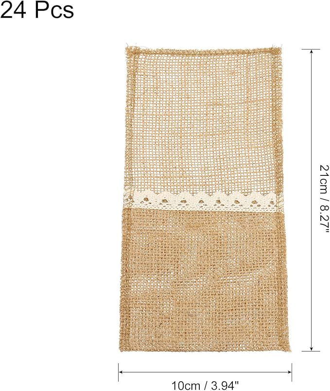 uxcell 24Pcs Burlap Lace Utensil Holders, 4" x 8" Cutlery Pouch Silverware Holder Natural Jute Pouch Bag Burlap Napkin Bag with Bow for Party Wedding Decoration