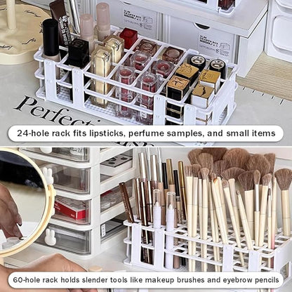 OULIGET Makeup Storage Organizer Rack,Lipstick Lipgloss Display Organizer,Detachable Makeup Brush Air Drying Rack,Perfect Storage Solution for Drawer and Vanity,0.9"+0.66" (24-hole + 60-hole)