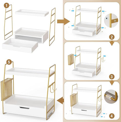 2-Tier Bathroom Counter Organizer with Drawer & Removable Basket, Wood & Metal Vanity Organizer for Skincare, Makeup, Perfume, Toiletries, Small Bathroom Counter Shelf, 13'' White Gold