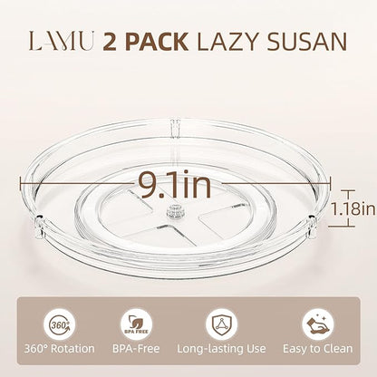 LAMU 2 Pack Lazy Susan Organizer, 9'' Clear Lazy Susan Turntable for Cabinet, Fridge, Kitchen, Pantry, Countertop, Table Top, Refrigerator Organizers and Storage, Seasoning and Spice Organizer