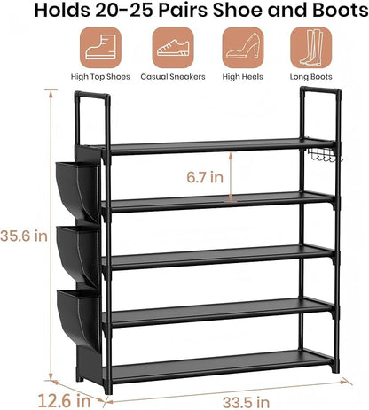 VILICK 5 Tier Shoe Rack with Hook and Side Pocket,Shoe Organizer Space Saver Storage for 20-25 Pair Shoe Storage Shelf Sturdy Free Standing Long Shoe Rack Organizer for Closet,Entryway,Small Spaces