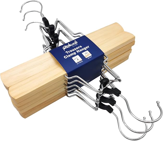 Richards Wooden Pants Hangers - Wood Skirt Hangers - 6 Pack - for Men Shorts and Pants and Women Dress Clothes - Non Slip Slim Closet Space Saving