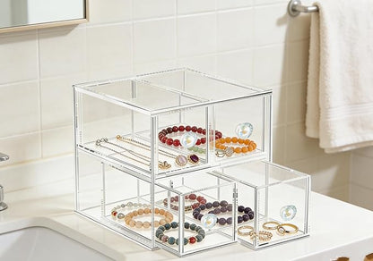 Clear Acrylic Makeup Organizer with 2 Drawer Trays, Cosmetic Storage for Bedroom, Bathroom, Countertop, Dresser (Medium, 2)
