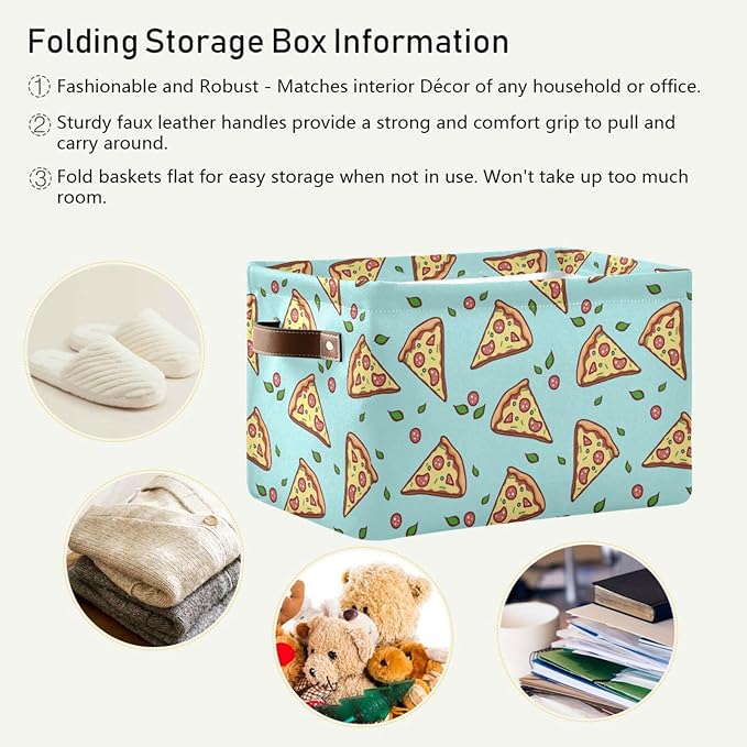 Doodle Pizza Storage Baskets,Decorative Collapsible Rectangular Canvas Fabric Storage Bin for Home,2 Pack