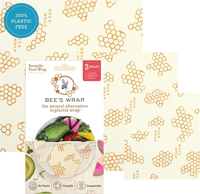 Bee's Wrap Beeswax Wraps for Food - 3 Pack of Assorted Beeswax Wraps - Small, Medium & Large Wrap - Plastic Free Made in USA Reusable Natural Food Wrap - Honeycomb Print