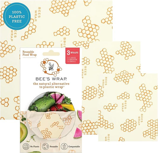 Bee's Wrap Beeswax Wraps for Food - 3 Pack of Assorted Beeswax Wraps - Small, Medium & Large Wrap - Plastic Free Made in USA Reusable Natural Food Wrap - Honeycomb Print