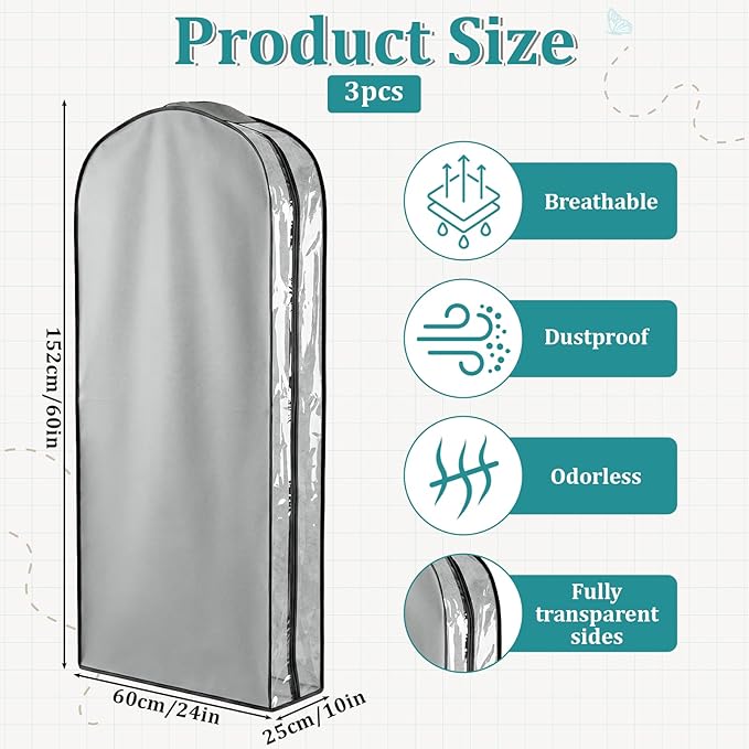 3 Packs 10" Gusseted Garment Bags for Hanging Clothes 60" Suit Bags for Closet Storage Side Clear Dress Bag Long Closet Waterproof Garment Covers for Closets Wardrobe Storage Traveling, Grey