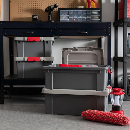 IRIS USA 12 Gallon Lockable Storage Totes with Lids, 4 Pack - Gray, Heavy-Duty Durable Stackable Containers, Large Garage Organizing Bins Moving Tubs, Rugged Sturdy Equipment Utility Tool Box