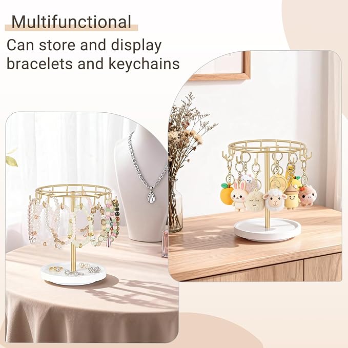 Dahey 360 Degree Rotating Claw Clip Organizer, Metal Hair Clip Holder with Wood Base and 14 Hooks Storage Display Hair Accessories Bracelets Keychains Jewelry for Girls Women Bedroom Dorm Vanity Decor