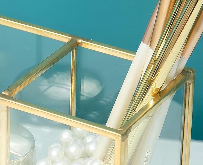 JIARI Gold 4-Compartment Desktop Organizer, Transparent Glass Makeup Brush Holder, 10.23x3.54x2.75 Inches Storage for Home Office and School Items (Gold-4 Slot)