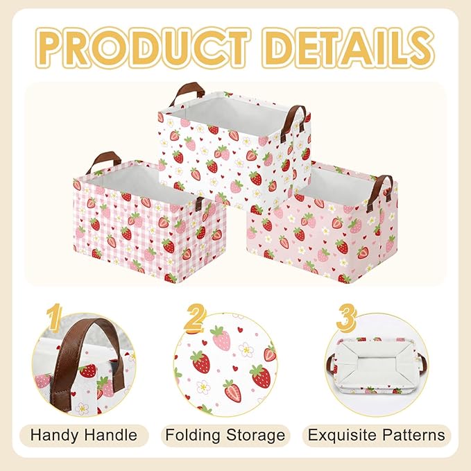3 Pack Strawberry Storage Baskets for Gifts Strawberry Empty Large Collapsible Toy Storage Bins Box Pink Canvas Baskets Organizer with Handles Cute Nursery Decor Laundry Basket for Shelves Closet