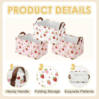 3 Pack Strawberry Storage Baskets for Gifts Strawberry Empty Large Collapsible Toy Storage Bins Box Pink Canvas Baskets Organizer with Handles Cute Nursery Decor Laundry Basket for Shelves Closet