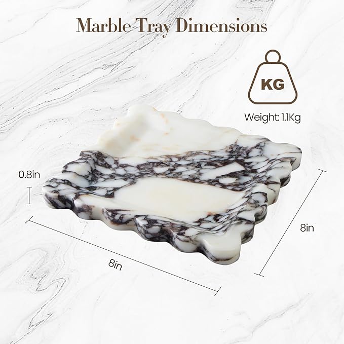 SAMAH Calacatta Viola Natural Marble Tray, Scalloped Storage Dish, Decorative Tray for Bathroom, Vanity, Kitchen & Home Decor, Valentine's Day, Teacher Appreciation Gifts, House Warming Gifts(Square)