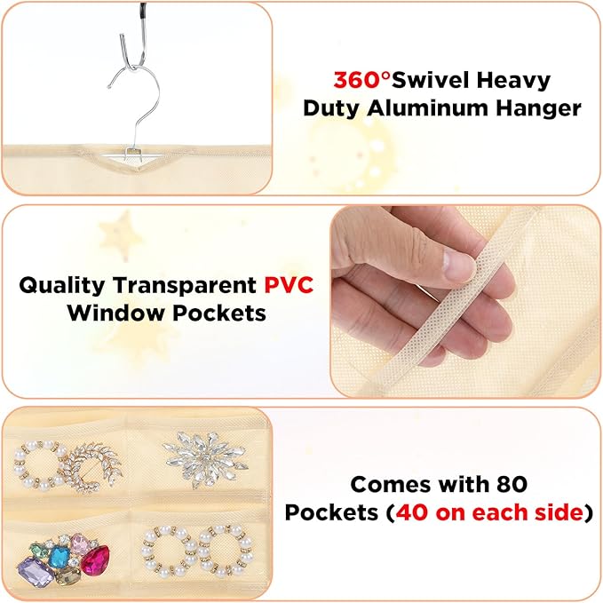 4 Pcs hanging jewelry organizer with 80 Pockets jewelry organizers and storage hanging earring organizer for travel Dual Sided over the door Holder Closet for Necklace Bracelet Ring
